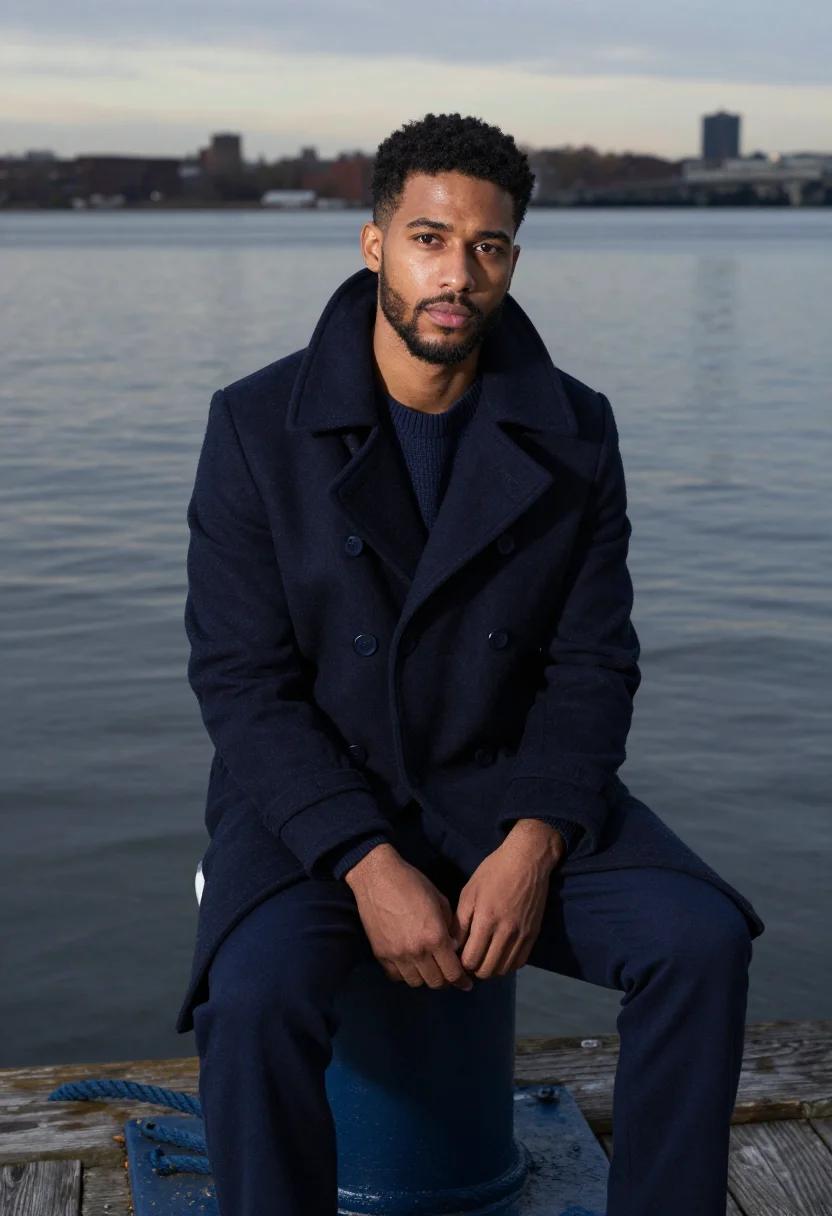 AI peacoat navy brooklyn sample — portrait of a man, in his early thirties, with medium brown