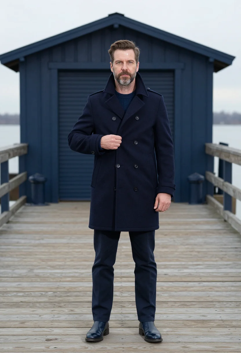 AI peacoat navy brooklyn sample — portrait of a man, around forty, with fair skin, grey eyes,