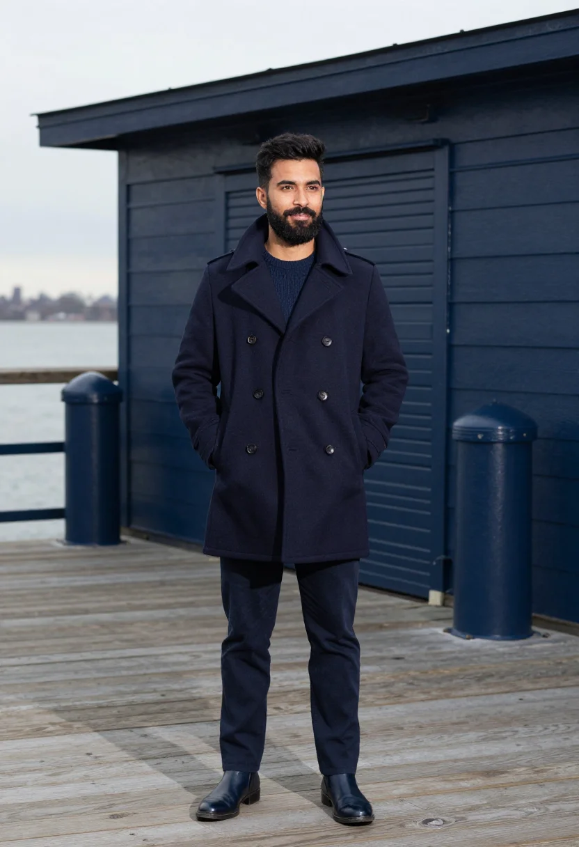 AI peacoat navy brooklyn sample — portrait of a man, in his early thirties, with olive skin, h