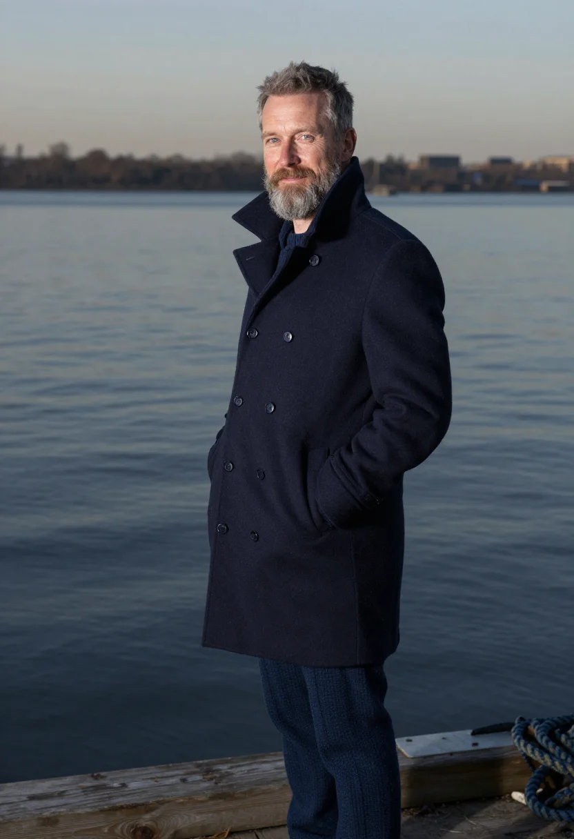 AI peacoat navy brooklyn sample — portrait of a man, in his early forties, with ruddy fair ski