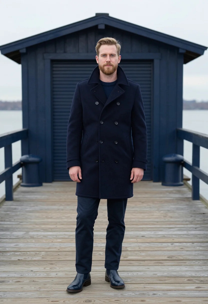 AI peacoat navy brooklyn sample — portrait of a man, in his late twenties, with fair skin, blu