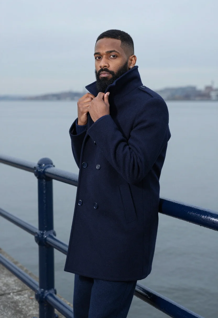 AI peacoat navy brooklyn sample — portrait of a man, in his mid-thirties, with deep brown skin