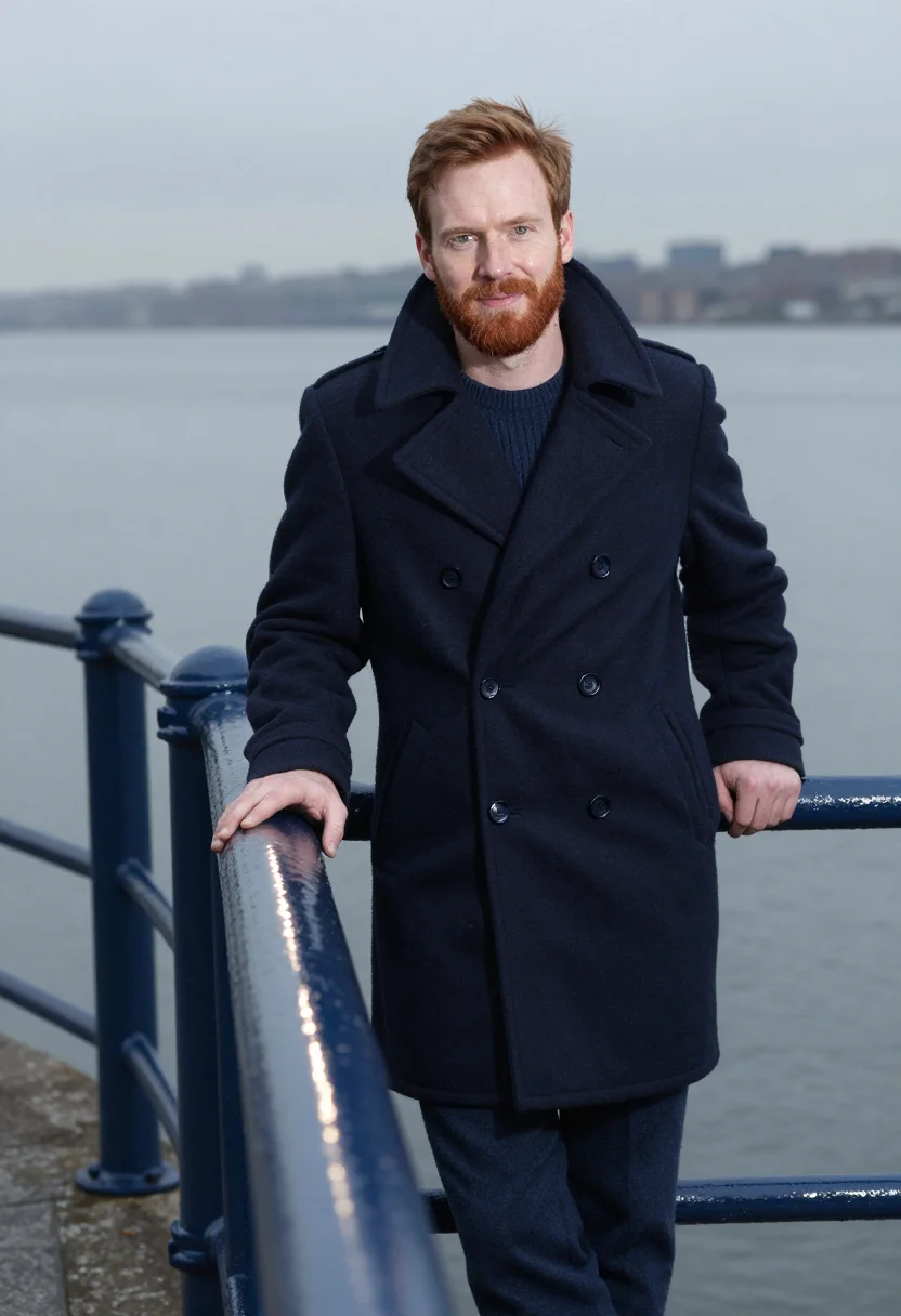 AI peacoat navy brooklyn sample — portrait of a man, in his late thirties, with warm fair skin