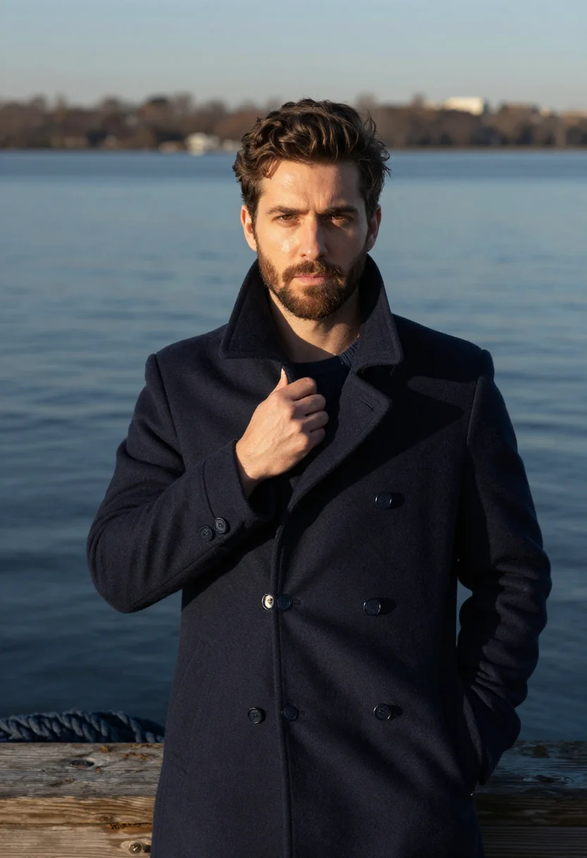 AI peacoat navy brooklyn sample — portrait of a man, in his mid-thirties, with warm beige skin