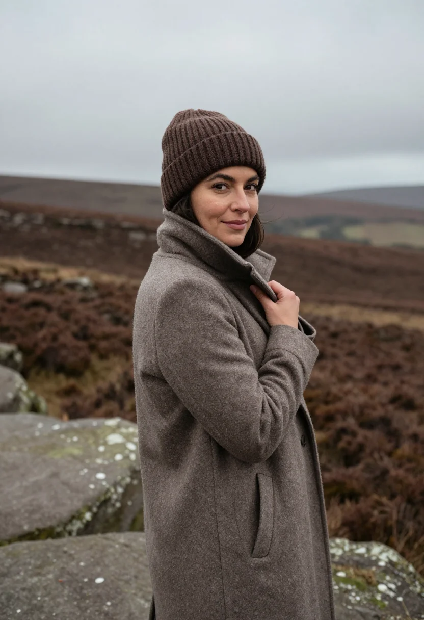 AI peak district gritstone november sample — portrait of a woman, framed chest-up, cropped at the ribs, t