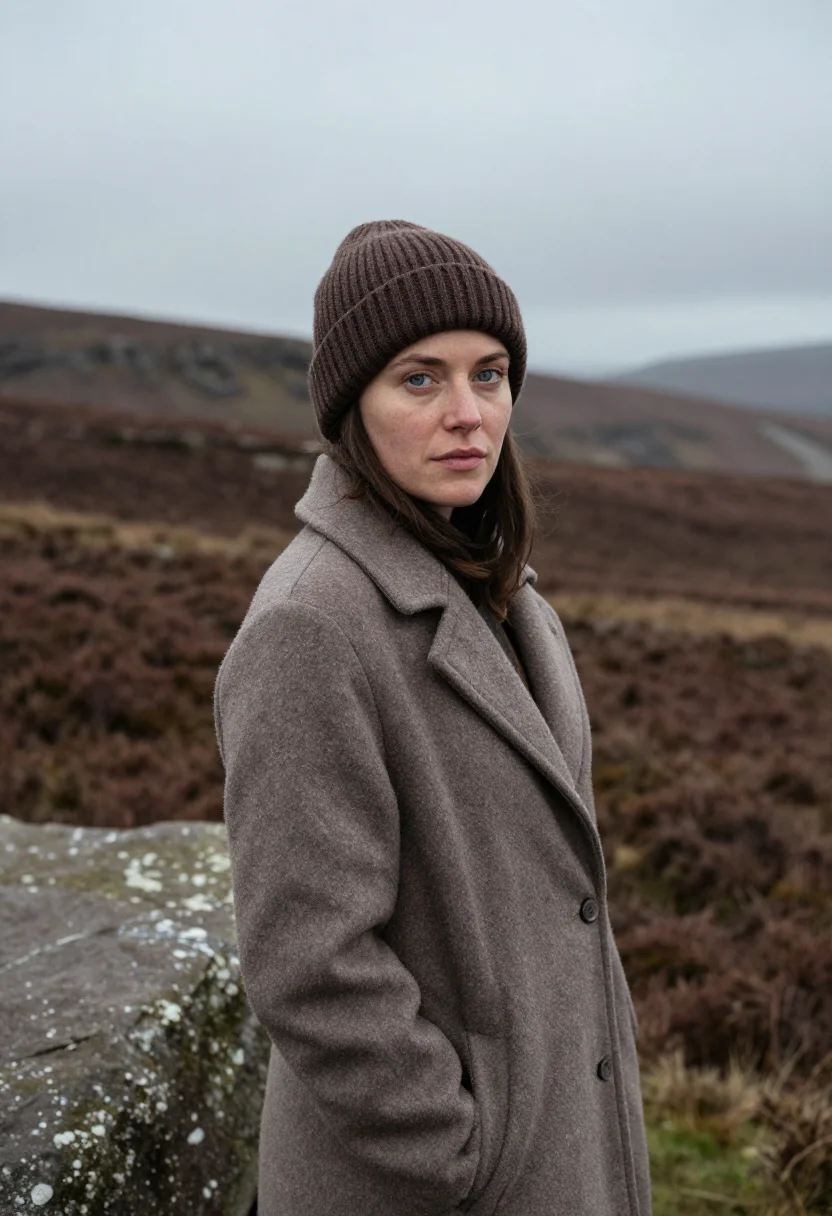 AI peak district gritstone november sample — portrait of a woman, framed tight, head and shoulders, the b