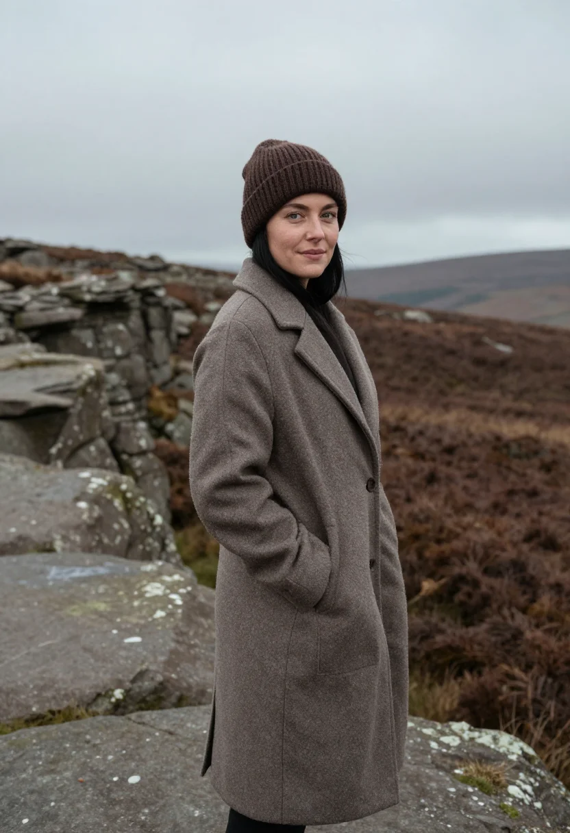 AI peak district gritstone november sample — portrait of a woman, framed three-quarter length from the he