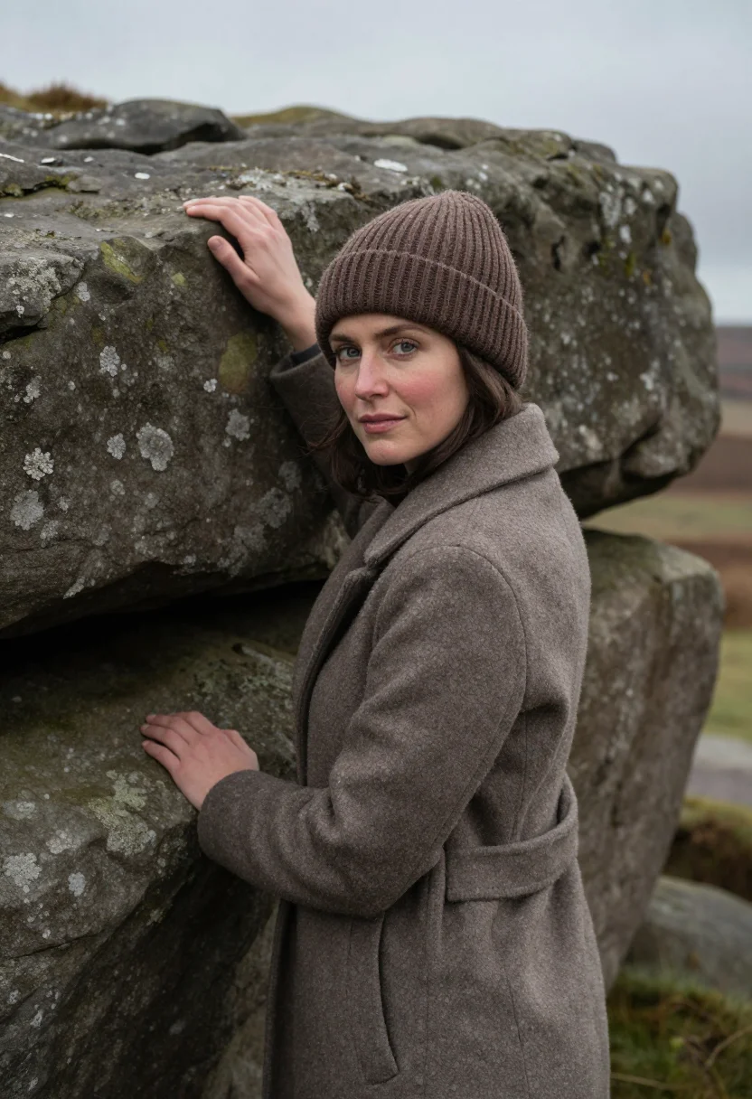 AI peak district gritstone november sample — portrait of a woman, framed chest-up, cropped at the ribs, t