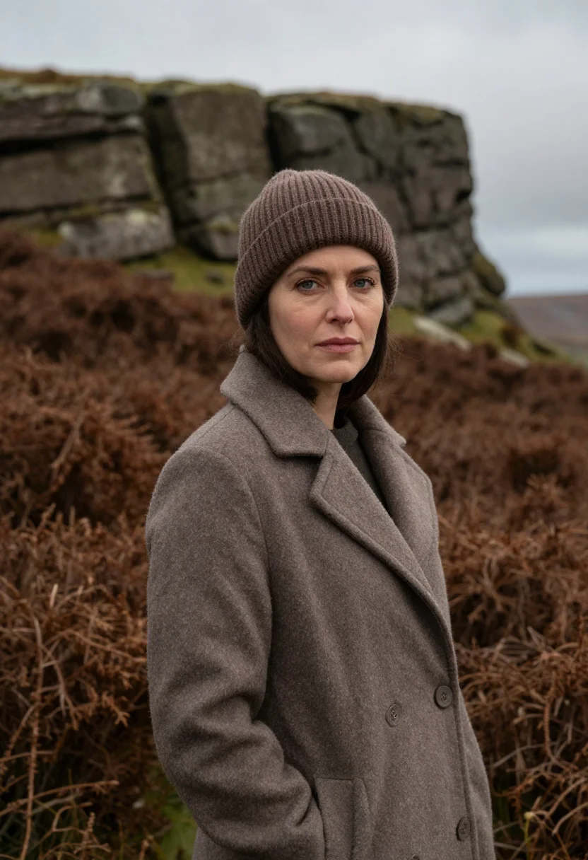 AI peak district gritstone november sample — portrait of a woman, framed tight, head and shoulders, the b