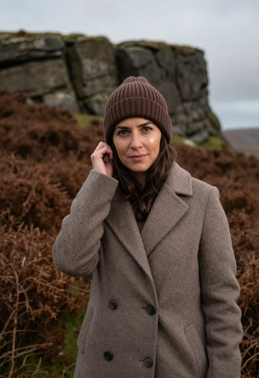 AI peak district gritstone november sample — portrait of a woman, framed chest-up, cropped at the ribs, t