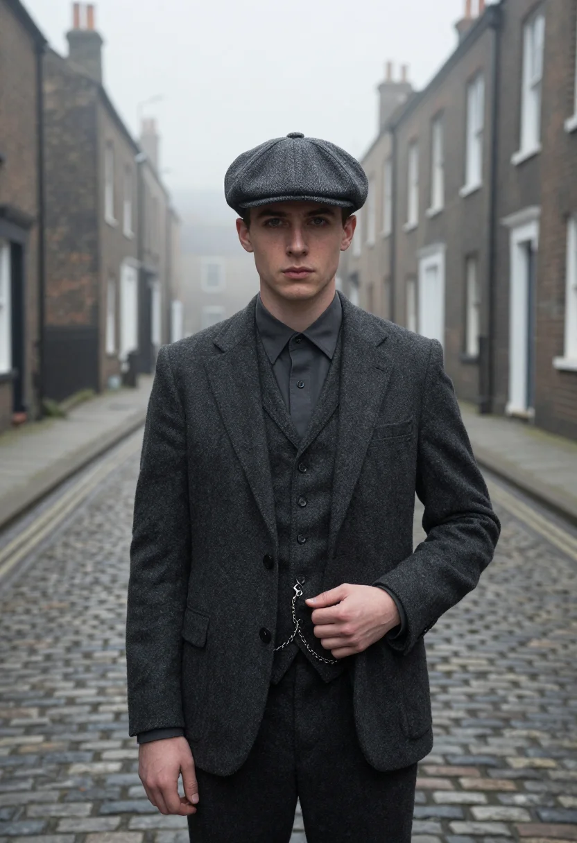 AI peaky blinders small heath charcoal sample — portrait of a man, framed half-length from the crown to the