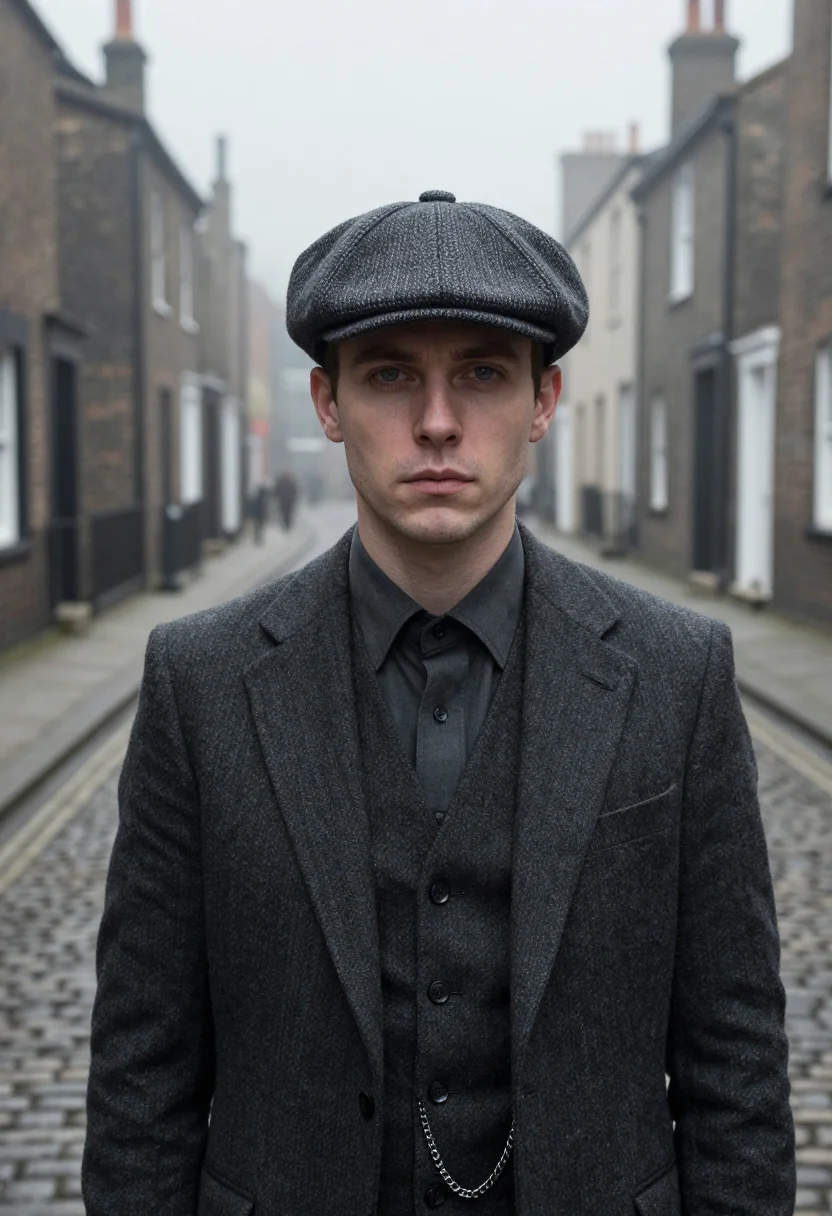 AI peaky blinders small heath charcoal sample — portrait of a man, framed tight, head and shoulders, the bod