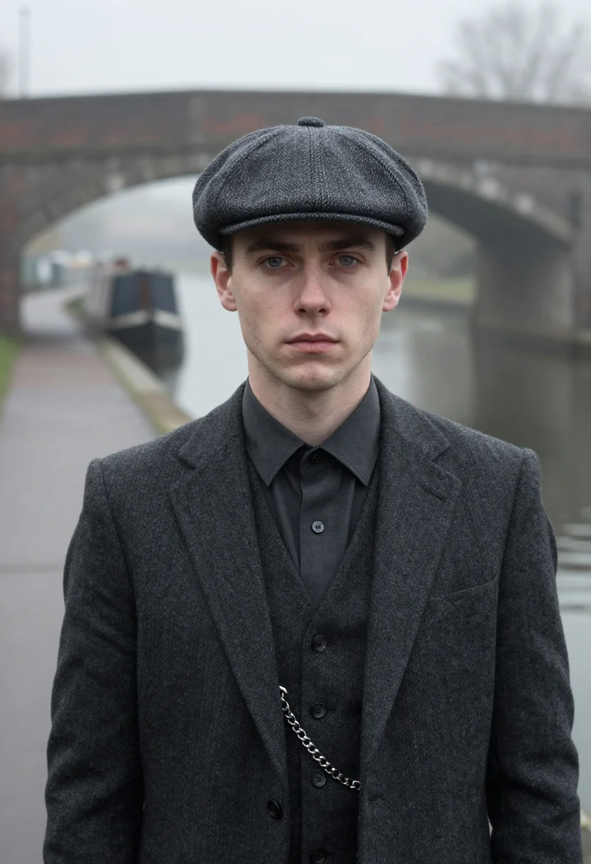 AI peaky blinders small heath charcoal sample — portrait of a man, framed tight, head and shoulders, the bod