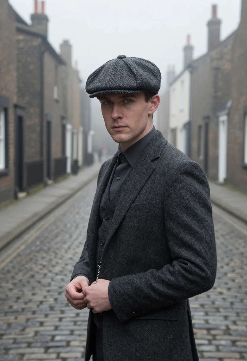 AI peaky blinders small heath charcoal sample — portrait of a man, framed chest-up to the ribs, the body clo