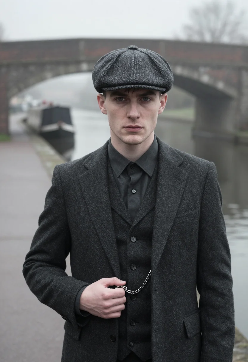 AI peaky blinders small heath charcoal sample — portrait of a man, framed chest-up to the ribs, the body clo