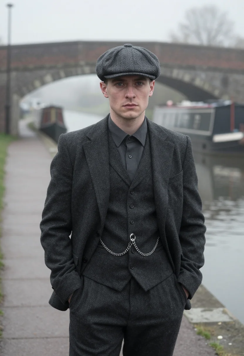 AI peaky blinders small heath charcoal sample — portrait of a man, framed half-length from the crown to the
