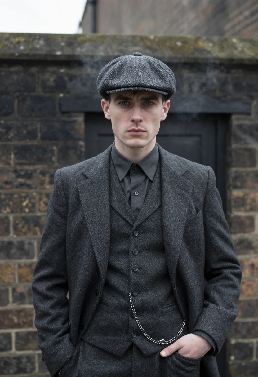 AI peaky blinders small heath charcoal sample — portrait of a man, framed half-length from the crown to the