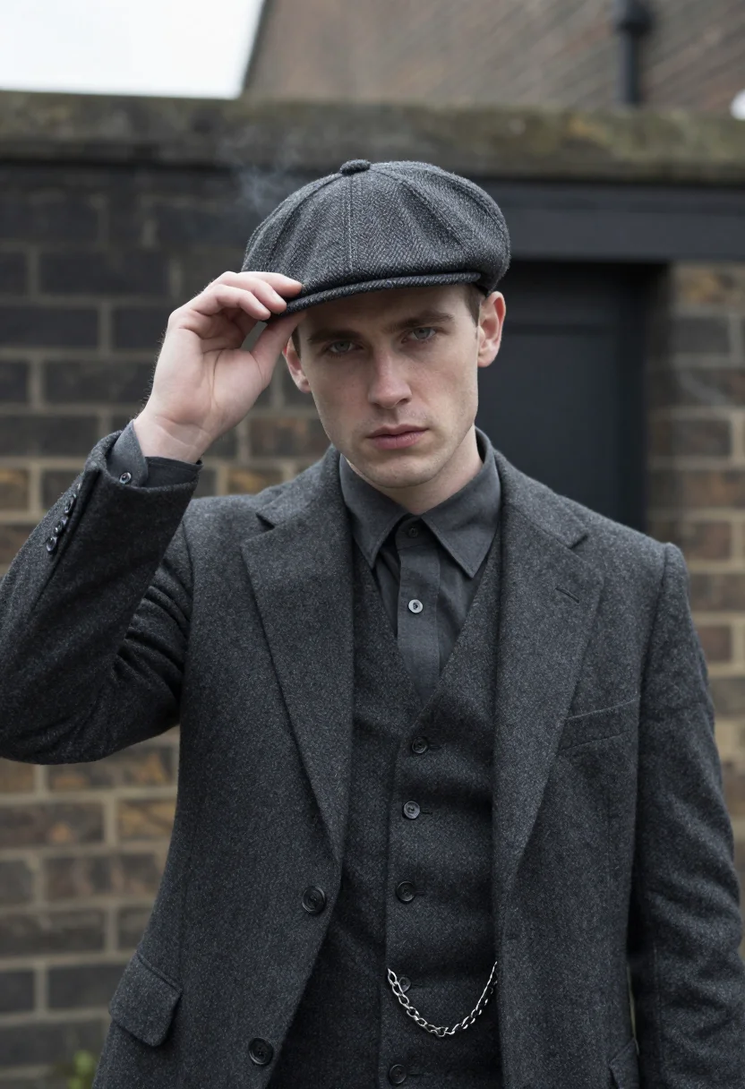 AI peaky blinders small heath charcoal sample — portrait of a man, framed chest-up to the ribs, the body clo