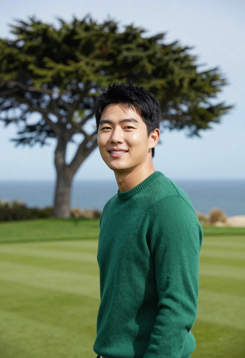 AI pebble beach lodge 18th green ocean sample — portrait of a man, a Korean-American golfer in his late twen