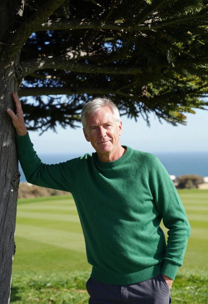 AI pebble beach lodge 18th green ocean sample — portrait of a man, an Irish-American golfer in his mid-fifti
