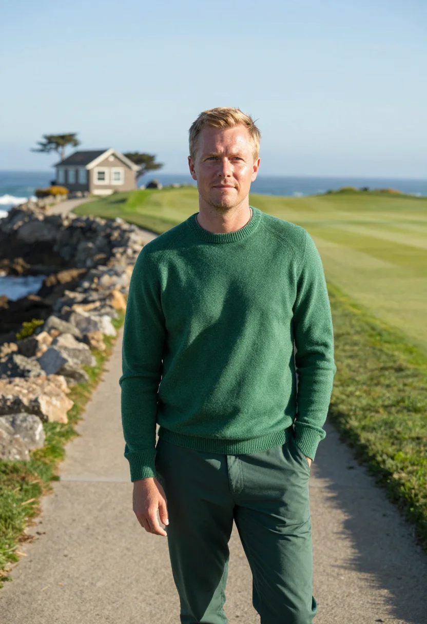 AI pebble beach lodge 18th green ocean sample — portrait of a man, a German golfer in his early thirties wit