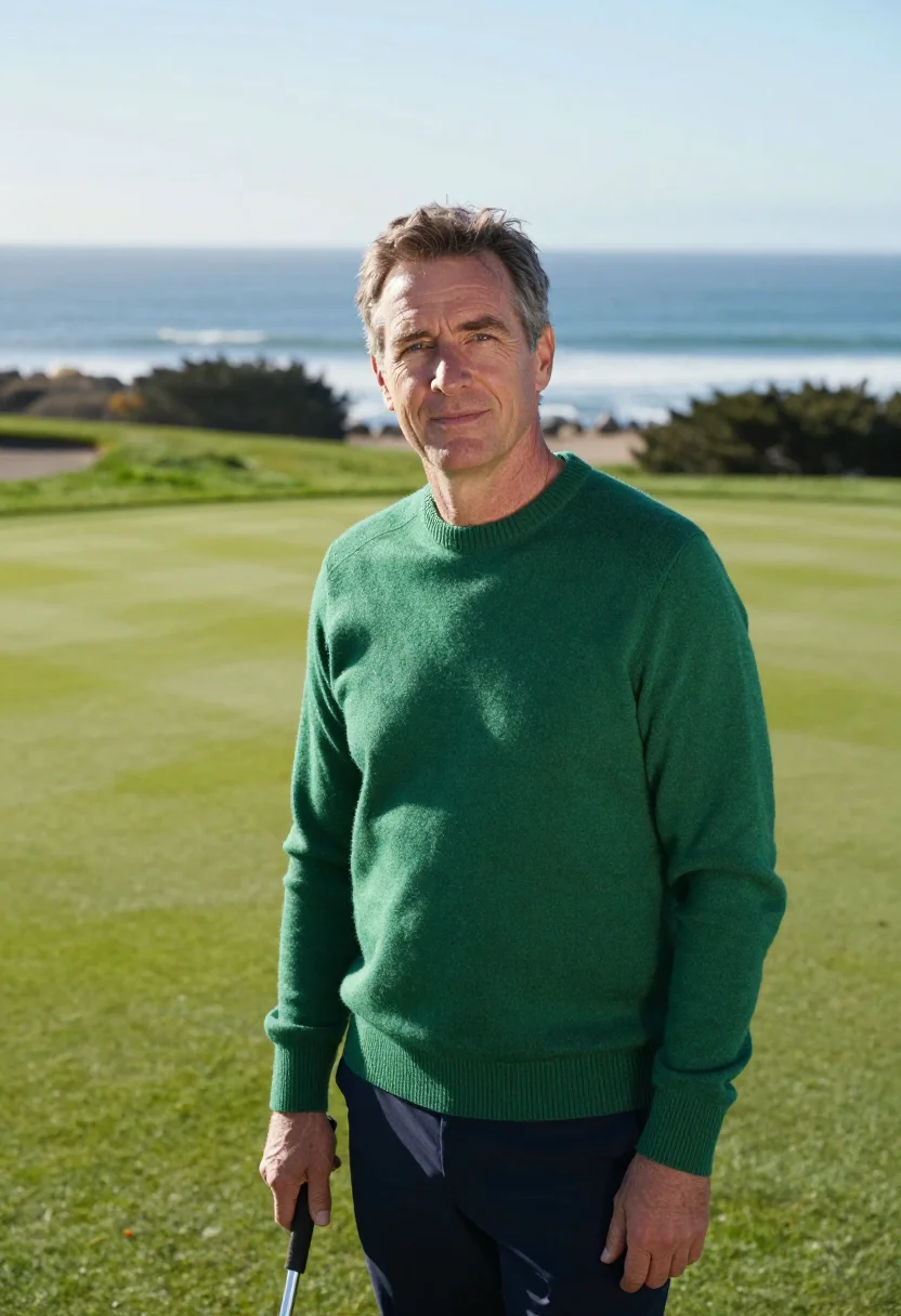 AI pebble beach lodge 18th green ocean sample — portrait of a man, an English golfer in his late forties wit