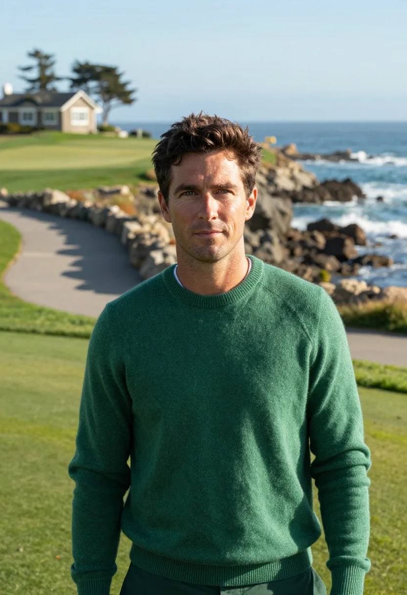 AI pebble beach lodge 18th green ocean sample — portrait of a man, an Australian golfer in his late thirties