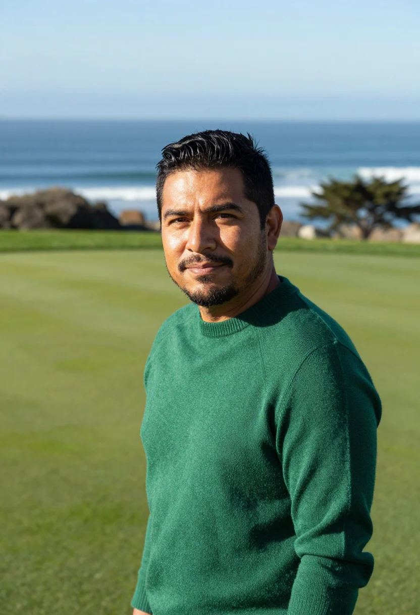 AI pebble beach lodge 18th green ocean sample — portrait of a man, a Mexican-American golfer in his early fo