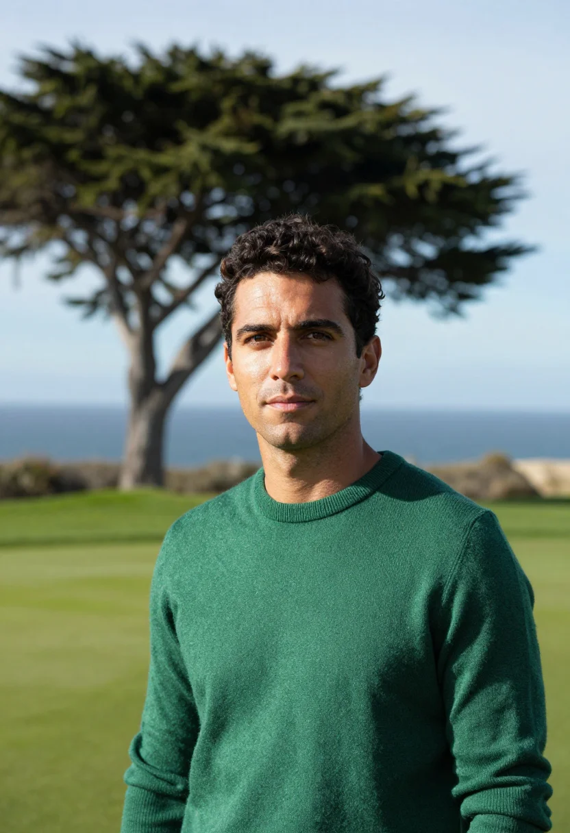 AI pebble beach lodge 18th green ocean sample — portrait of a man, an Italian golfer in his early thirties w