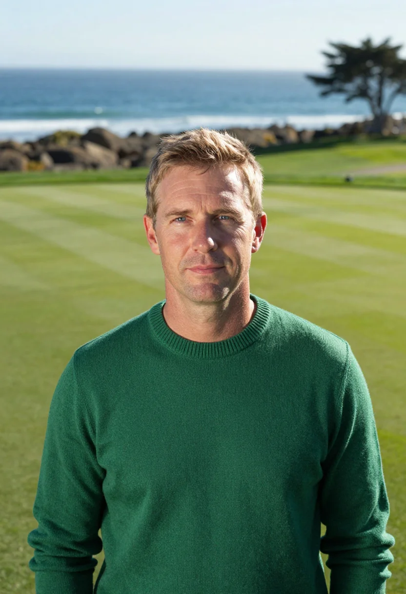 AI pebble beach lodge 18th green ocean sample — portrait of a man, an American golfer in his mid-thirties wi