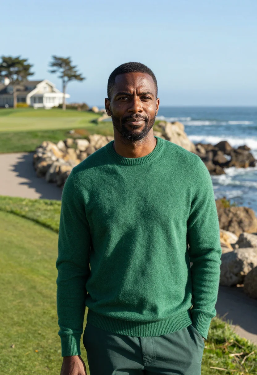 AI pebble beach lodge 18th green ocean sample — portrait of a man, an African-American golfer in his early f