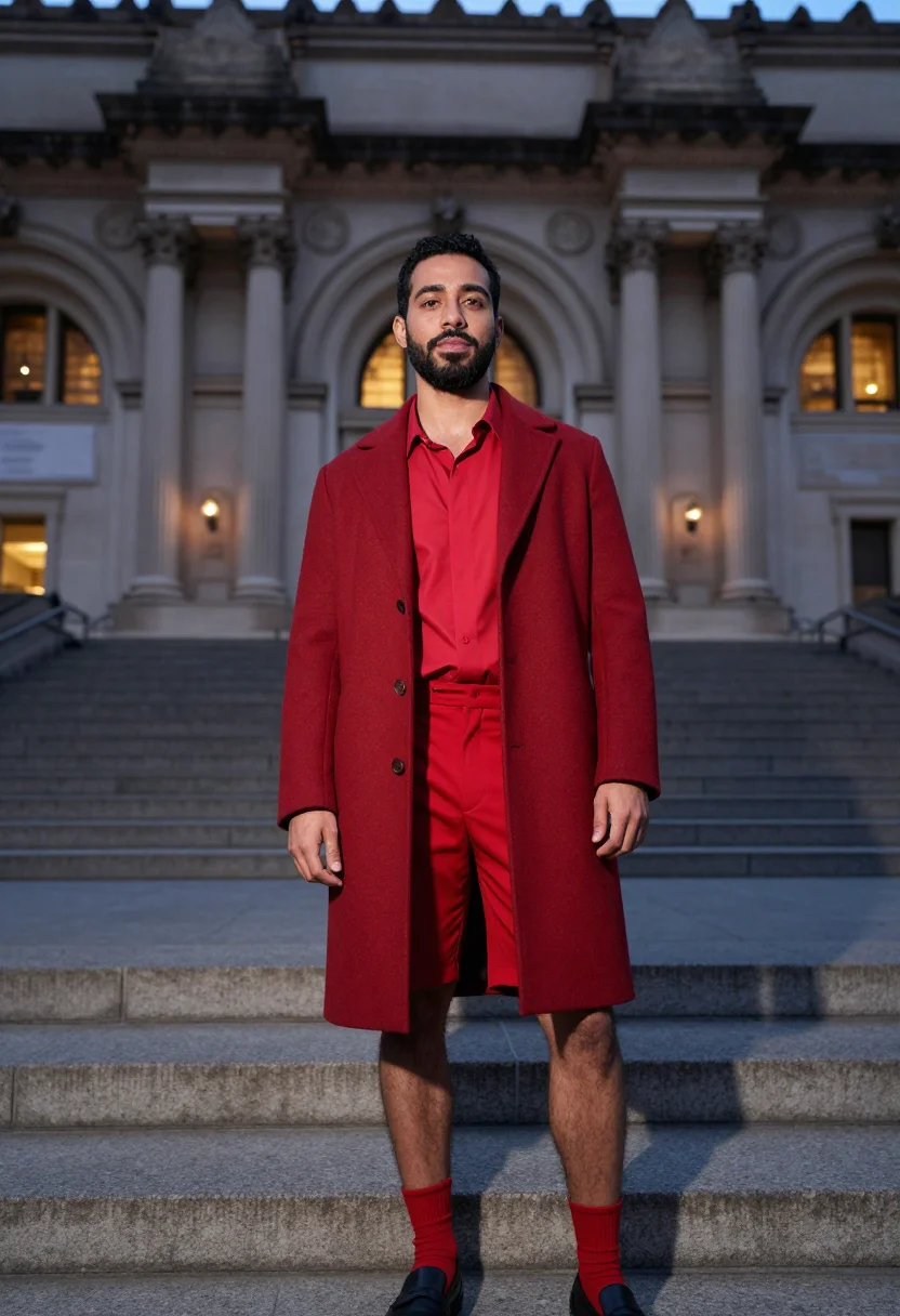 AI pedro pascal met gala 2023 red shorts sample — portrait of a man, a Portuguese man in his early forties wit