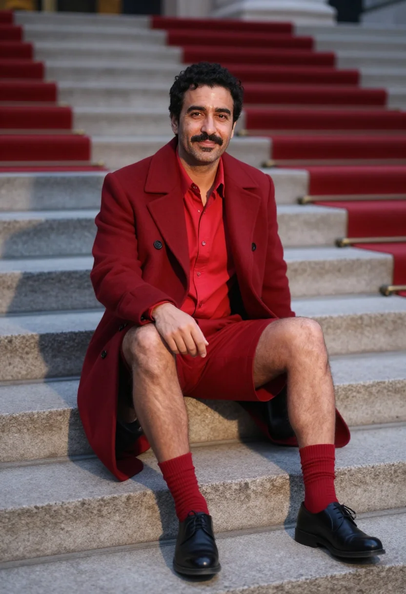 AI pedro pascal met gala 2023 red shorts sample — portrait of a man, an Argentine man in his late forties with