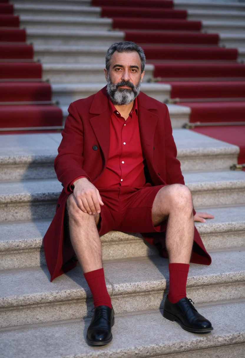 AI pedro pascal met gala 2023 red shorts sample — portrait of a man, a Greek man in his mid-fifties with olive