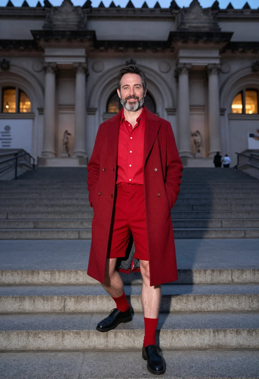AI pedro pascal met gala 2023 red shorts sample — portrait of a man, an English man in his early fifties with