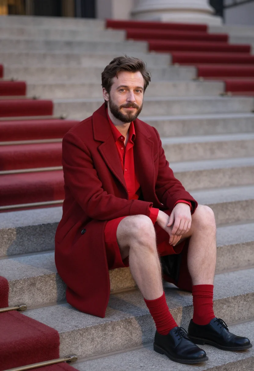 AI pedro pascal met gala 2023 red shorts sample — portrait of a man, a French man in his early forties with fa