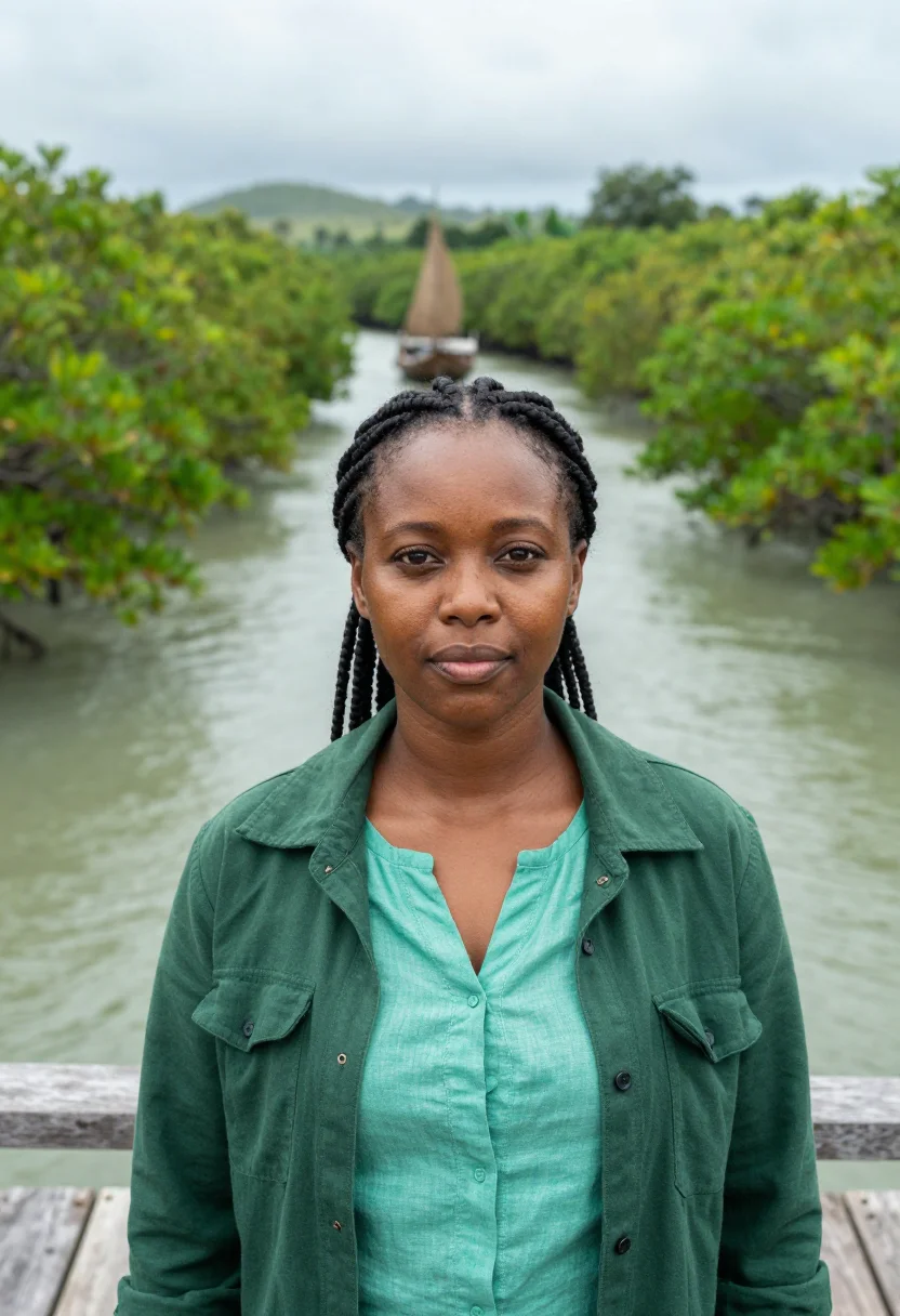 AI pemba island marine biologist mangrove green sample — portrait of a woman, a Tanzanian marine biologist in her lat