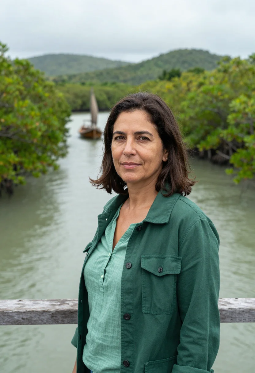 AI pemba island marine biologist mangrove green sample — portrait of a woman, a Portuguese marine biologist in her la