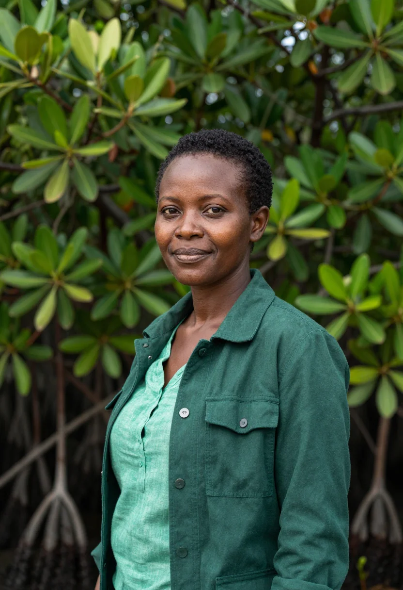 AI pemba island marine biologist mangrove green sample — portrait of a woman, a Tanzanian marine biologist in her ear