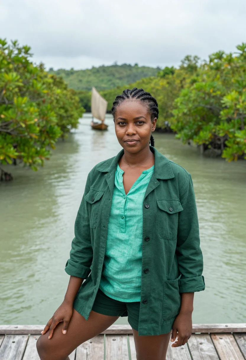 AI pemba island marine biologist mangrove green sample — portrait of a woman, a Zanzibari marine biologist in her mid