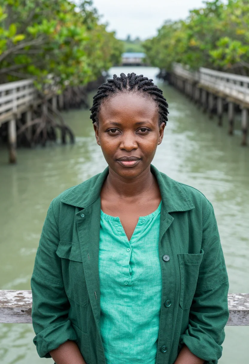 AI pemba island marine biologist mangrove green sample — portrait of a woman, a Kenyan marine biologist in her early
