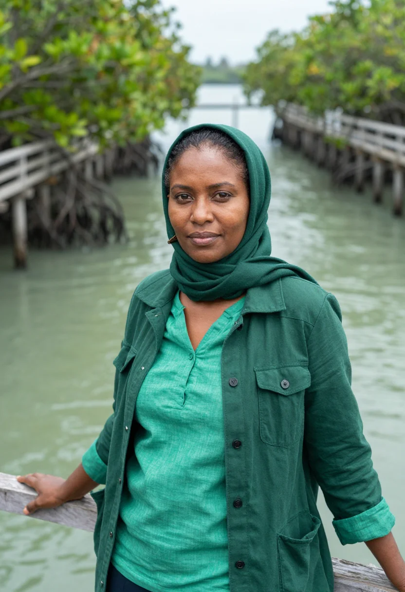 AI pemba island marine biologist mangrove green sample — portrait of a woman, a Zanzibari marine biologist in her mid