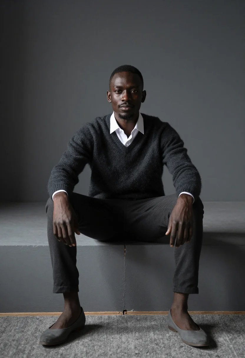 AI penn corner sample — portrait of a man, wide seated portrait of a Black man in hi