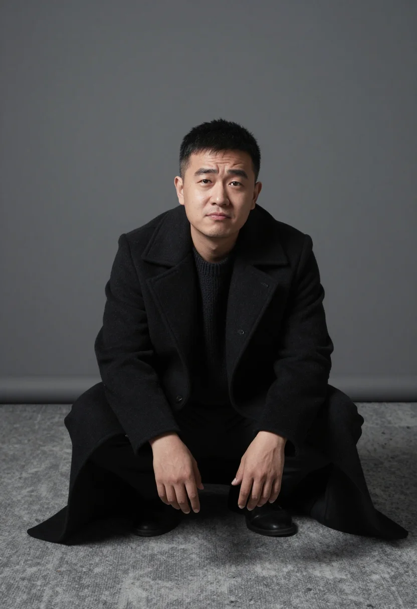 AI penn corner sample — portrait of a man, crouched three-quarter portrait of an Eas