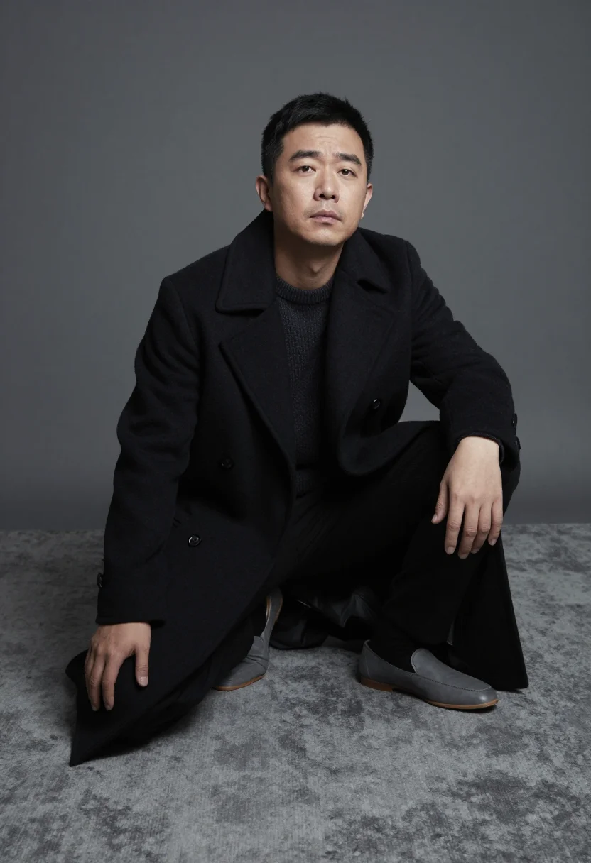 AI penn corner sample — portrait of a man, wide crouched portrait of an East-Asian m
