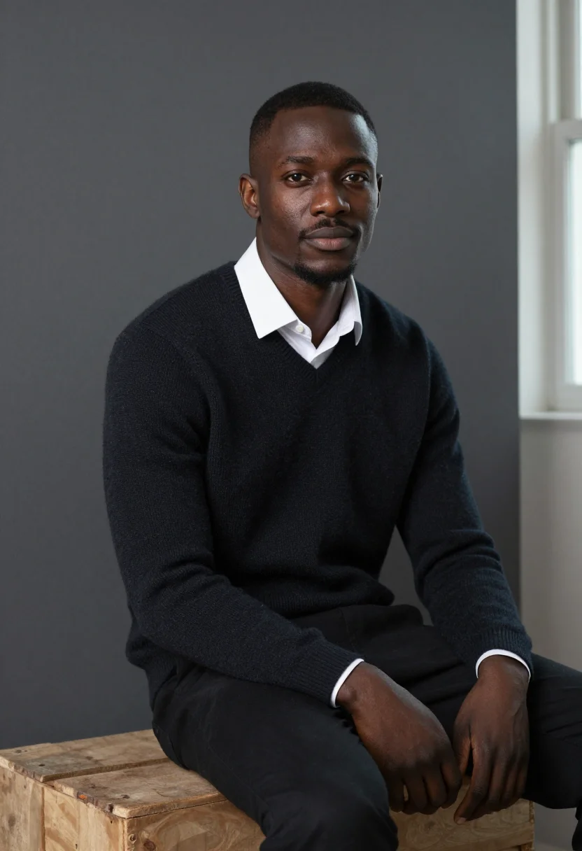 AI penn corner sample — portrait of a man, seated three-quarter portrait of a Black