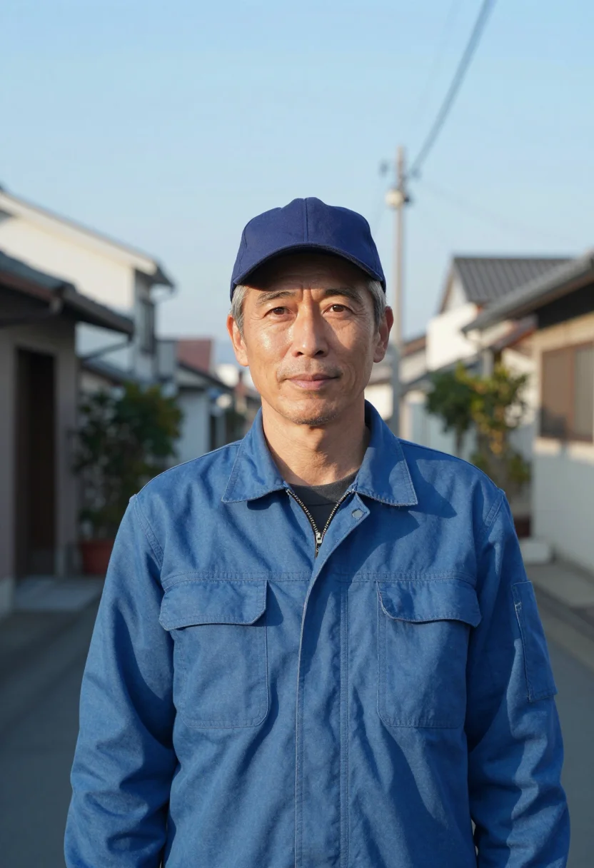 AI perfect days tokyo blue overalls sample — portrait of a man, a man in his fifties of Japanese descent,