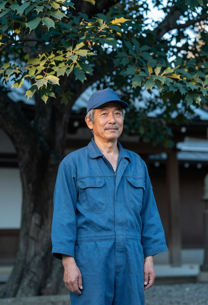 AI perfect days tokyo blue overalls sample — portrait of a man, a man in his sixties of Japanese descent,