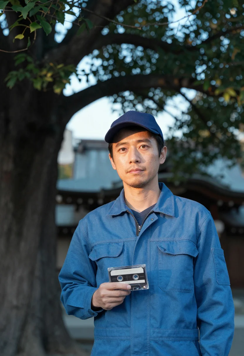 AI perfect days tokyo blue overalls sample — portrait of a man, a man in his forties of Japanese descent,