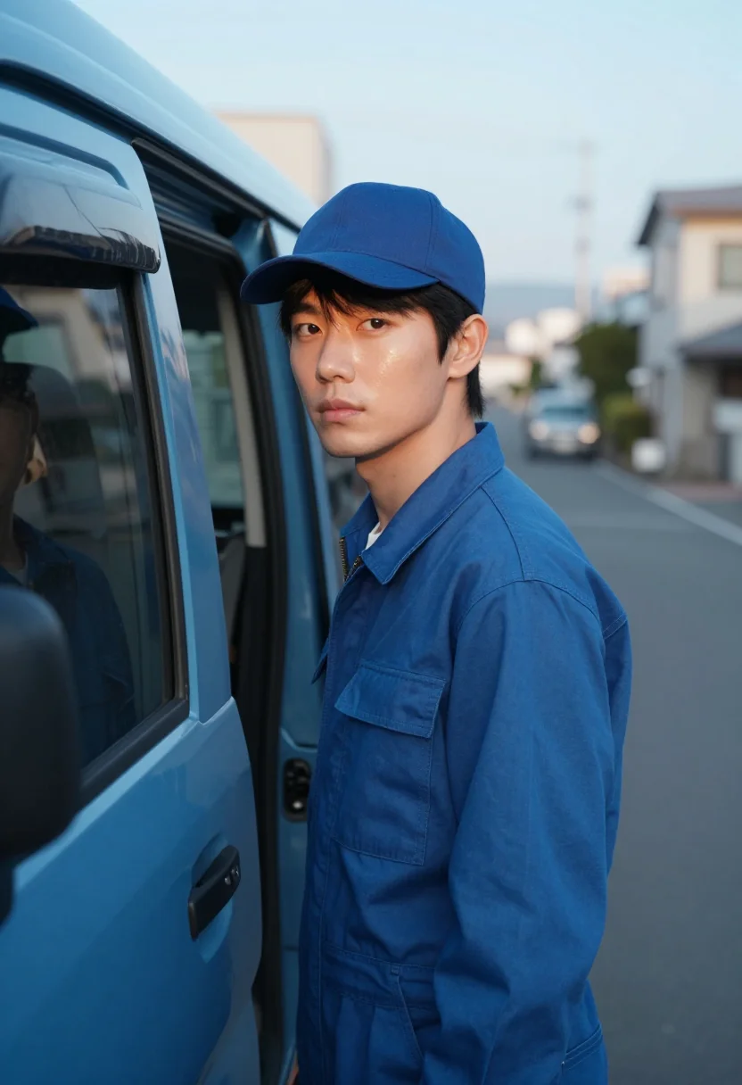AI perfect days tokyo blue overalls sample — portrait of a man, a man in his thirties of Korean descent,